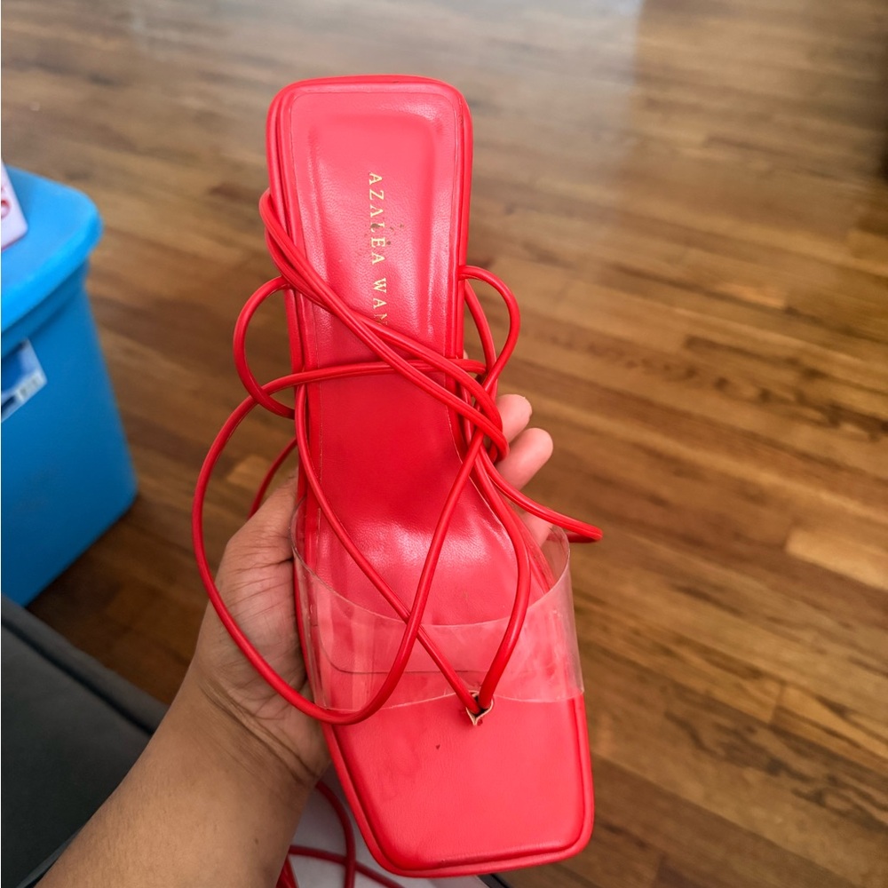 Azalea Wang Red Clear-Strap Square-Toe Lace-Up Mule